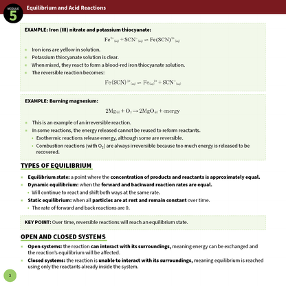 Chemistry Summary Sheet by ATAR Notes, a white page with green headings detailing Module 5 on Equilibrium and Acid Reactions.