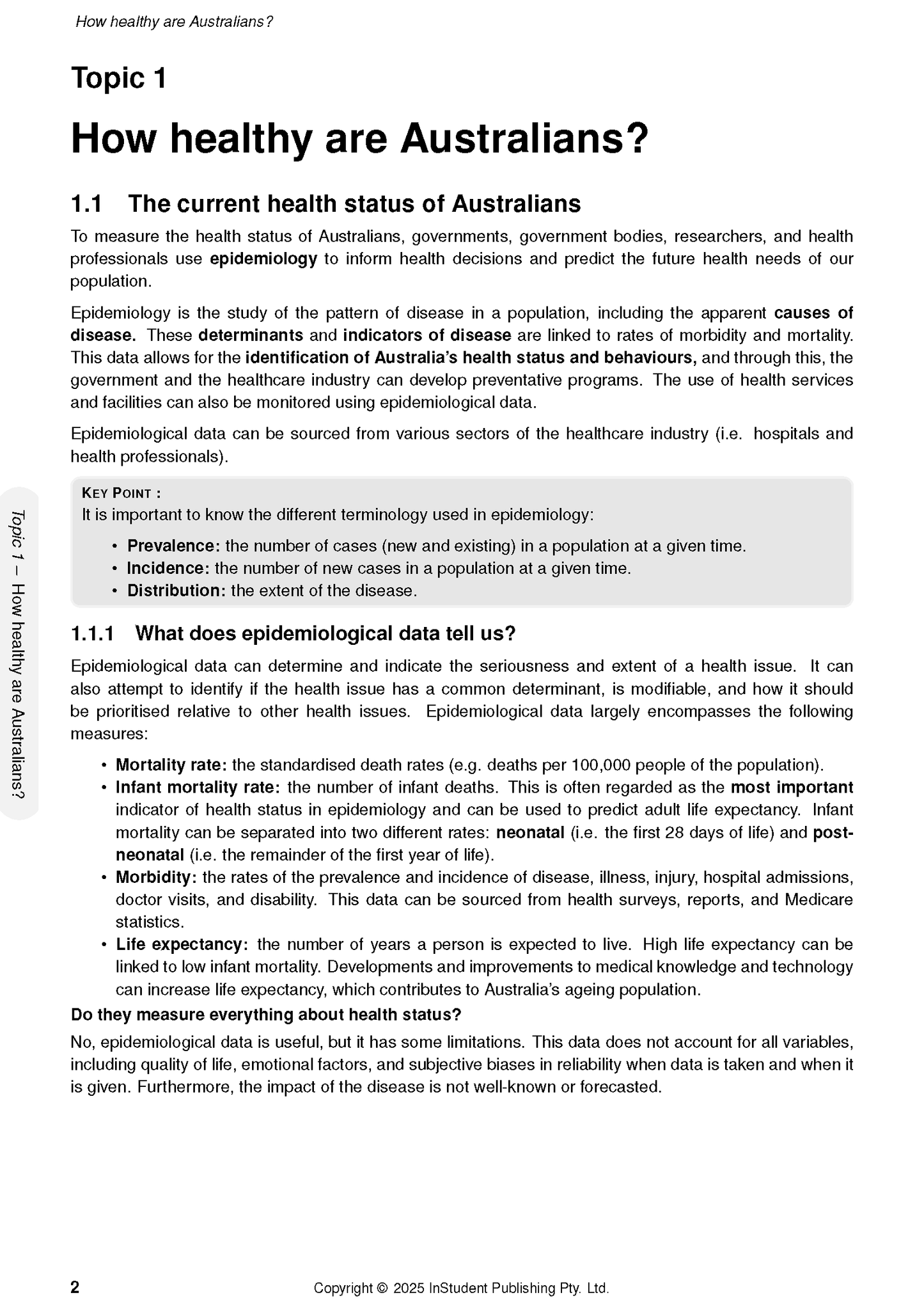 White course notes page by ATAR Notes, featuring black text and grey boxes detailing epidemiology and Australian health topics.