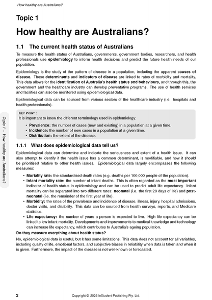 White course notes page by ATAR Notes, featuring black text and grey boxes detailing epidemiology and Australian health topics.