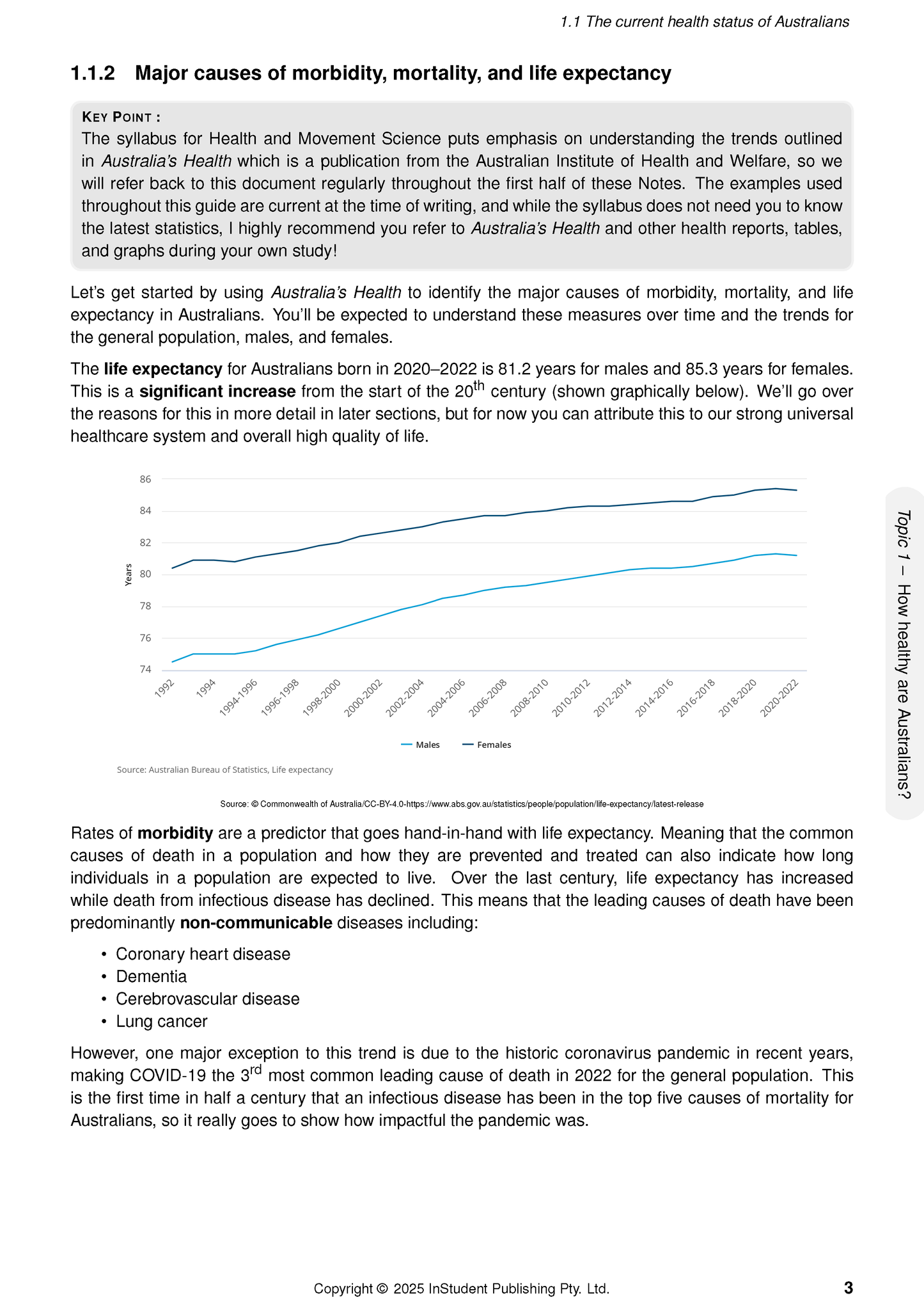 HSC Year 12 Health and Movement Science Course Notes by ATAR Notes, showing text on life expectancy and a data graph.