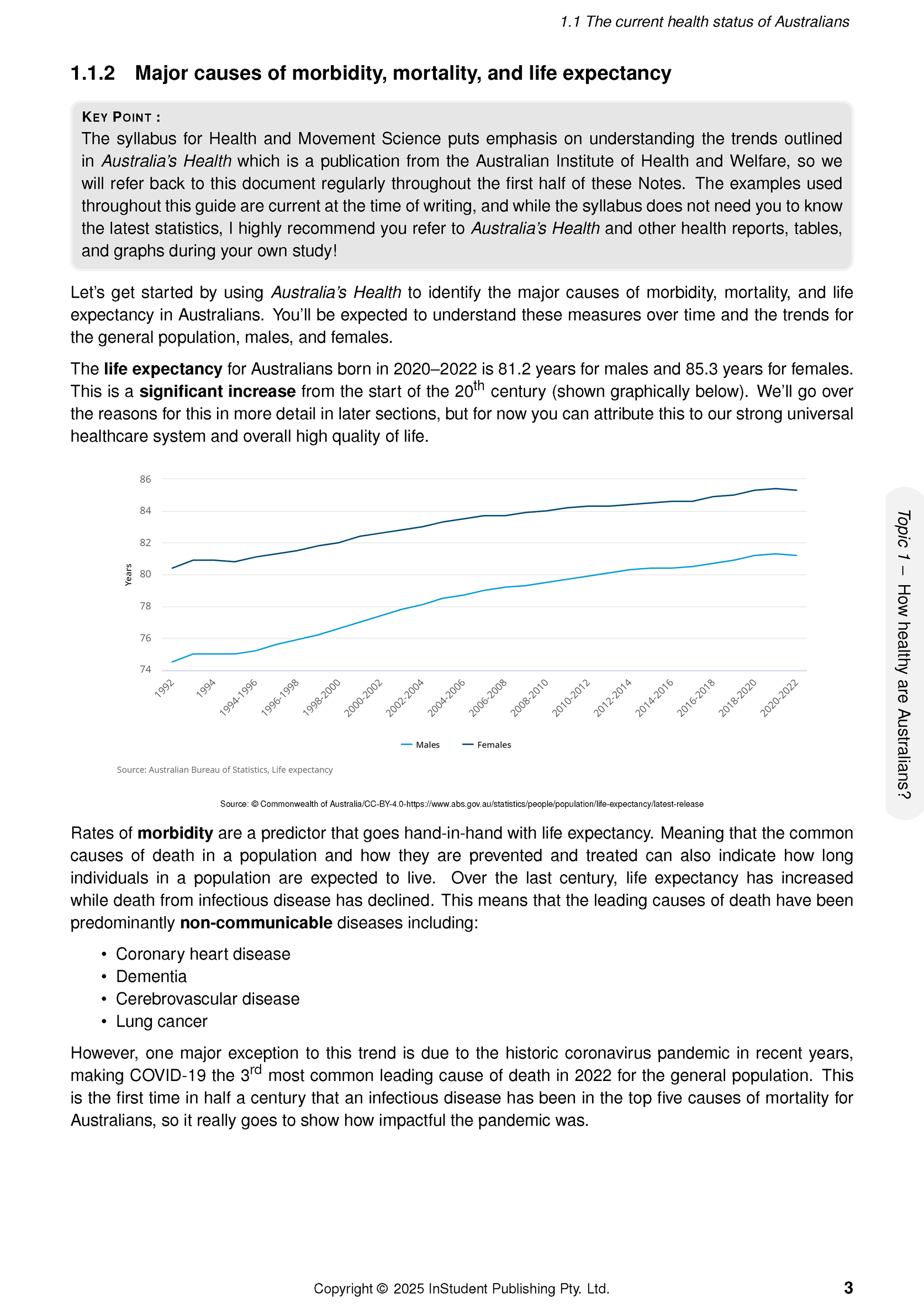 HSC Year 12 Health and Movement Science Course Notes by ATAR Notes, showing text on life expectancy and a data graph.