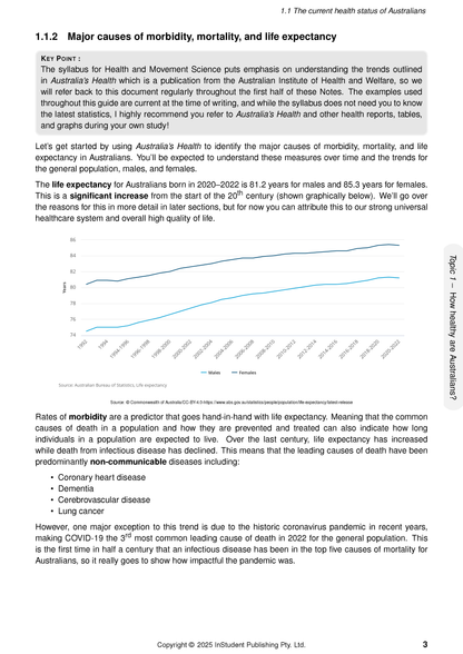 HSC Year 12 Health and Movement Science Course Notes by ATAR Notes, showing text on life expectancy and a data graph.