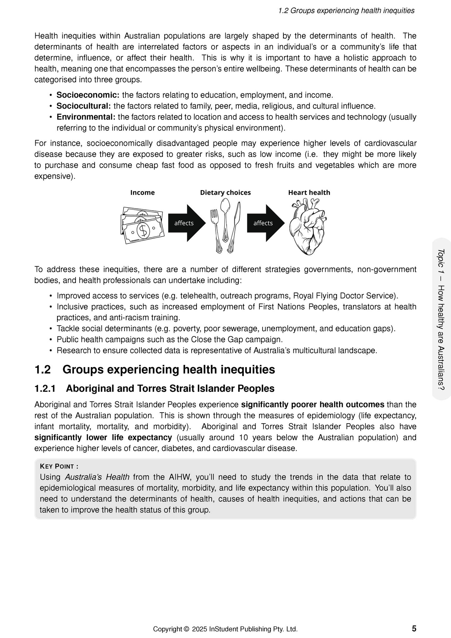 A page from the HSC Year 12 Health and Movement Science Complete Course Notes by ATAR Notes, displaying text and a diagram on health inequities.