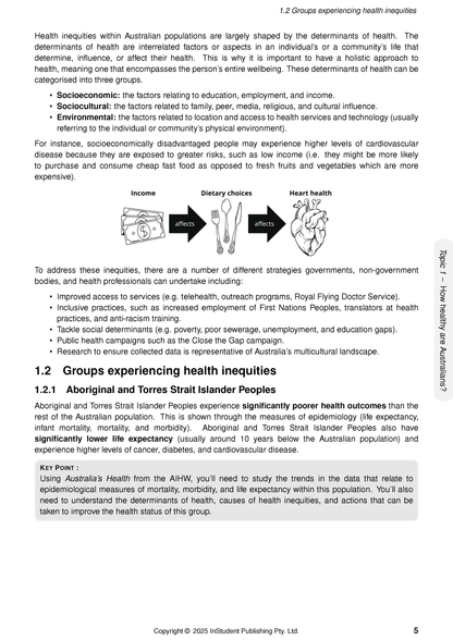A page from the HSC Year 12 Health and Movement Science Complete Course Notes by ATAR Notes, displaying text and a diagram on health inequities.