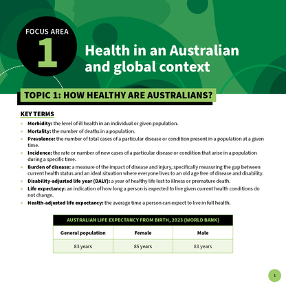 Green and white printed summary sheets by ATAR Notes, displaying health definitions and Australian life expectancy data from the World Bank.