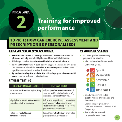 Summary Sheets by ATAR Notes showing a page on "Training for improved performance" with "Focus Area 2" and "SMART goals".