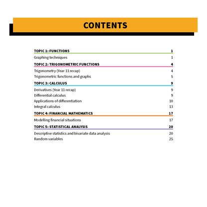 Mathematics Advanced Summary Sheets by ATAR Notes, showing a table of contents with "CONTENTS" title on a yellow banner and colored topic lines.