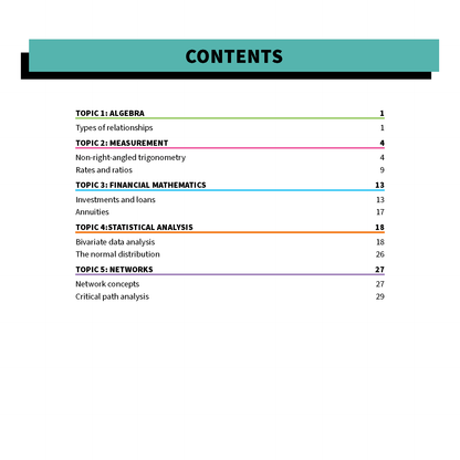 Summary Sheets by ATAR Notes, displaying a table of contents page for HSC Year 12 Mathematics Standard 2 with colored topic headings.