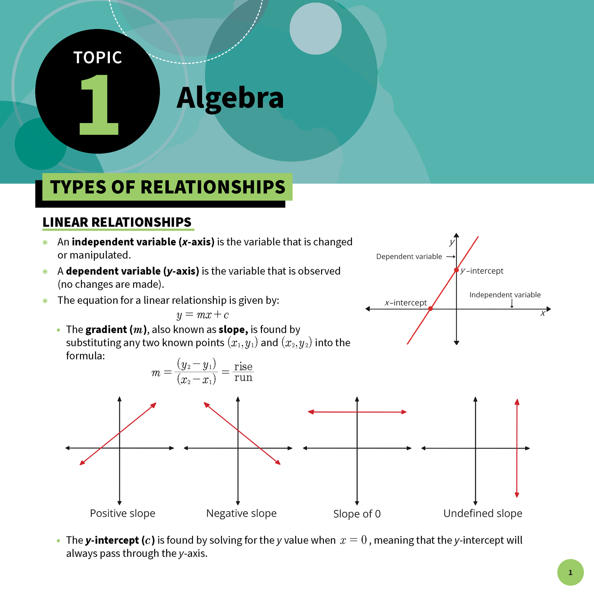 Mathematics Standard 2 summary sheets by ATAR Notes detailing algebra, linear relationships, and slope graphs.