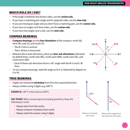Mathematics Standard 2 Summary Sheets by ATAR Notes, displaying trigonometry rules, compass bearings, and true bearings on a white page.