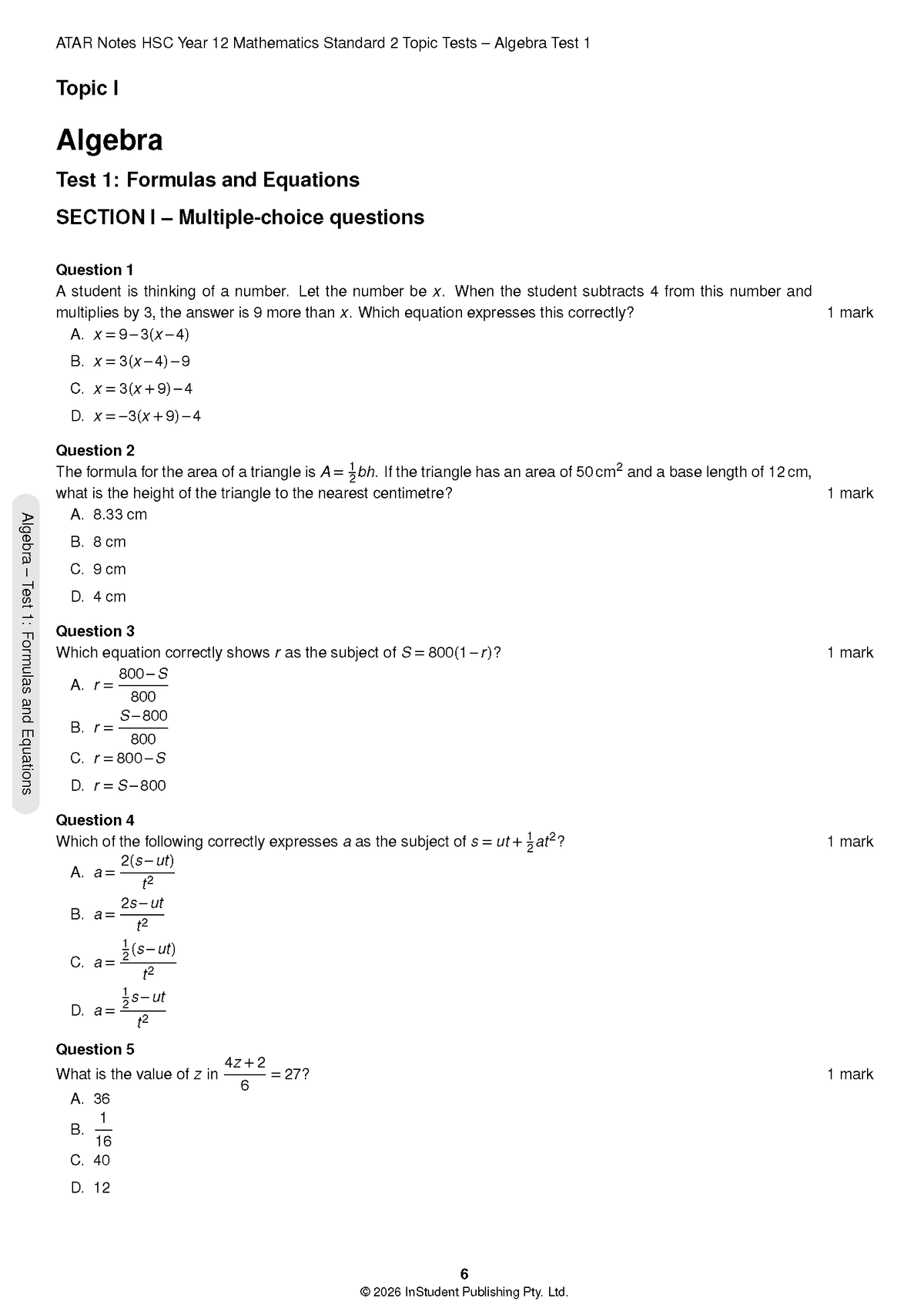 ATAR Notes HSC Year 12 Mathematics Standard 2 Topic Tests (2026-2029)