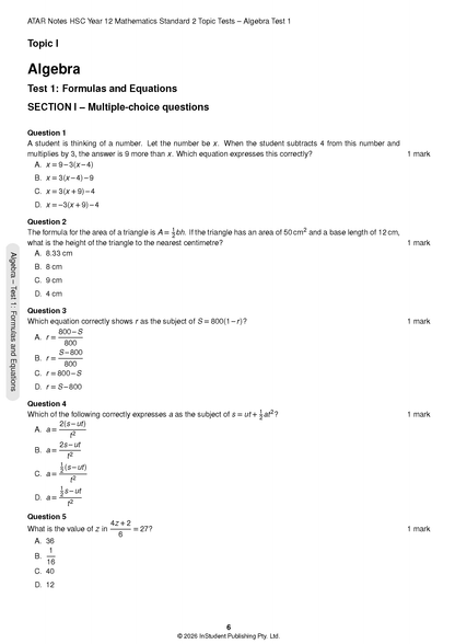 ATAR Notes HSC Year 12 Mathematics Standard 2 Topic Tests (2026-2029)
