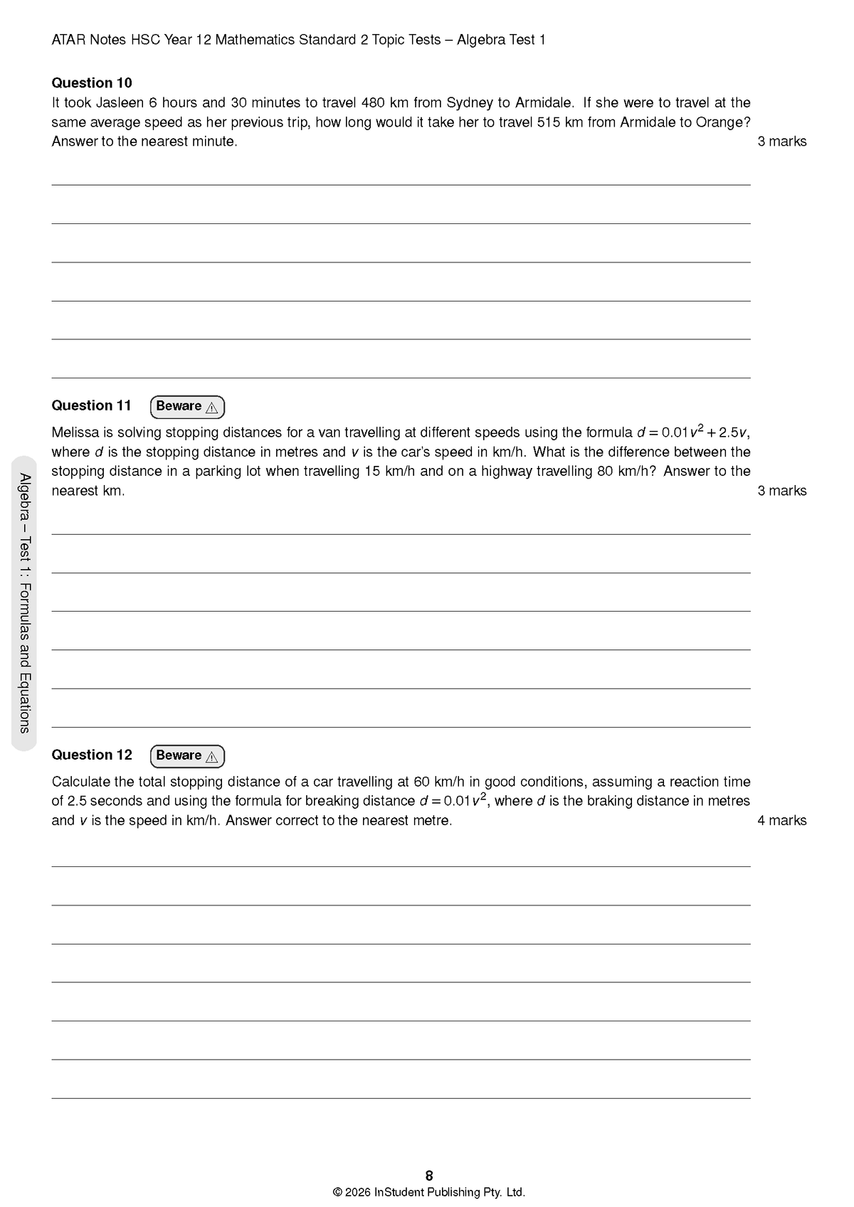ATAR Notes HSC Year 12 Mathematics Standard 2 Topic Tests (2026-2029)