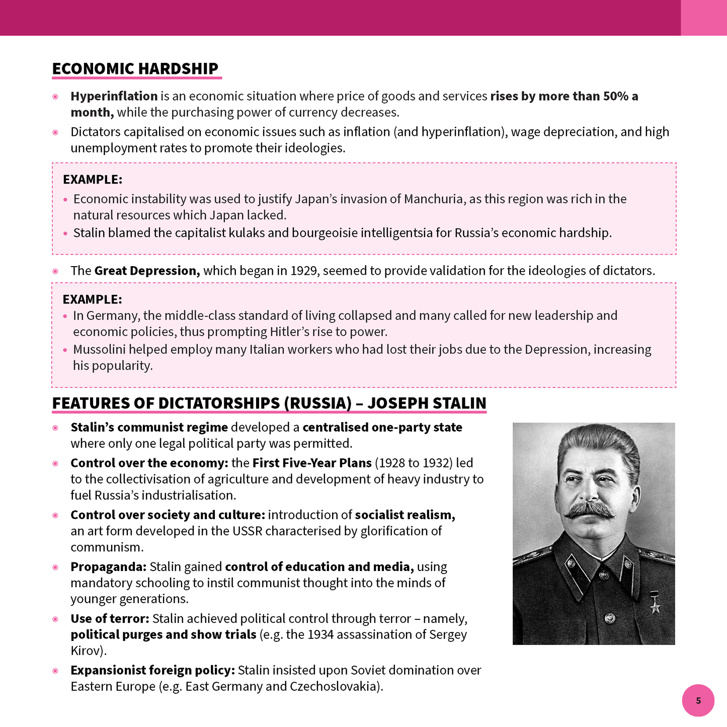 HSC Year 12 Modern History Summary Sheets (2025-2027) by ATAR Notes, displayed as a page on economic hardship, Stalin, and his portrait.