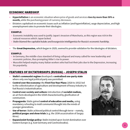 HSC Year 12 Modern History Summary Sheets (2025-2027) by ATAR Notes, displayed as a page on economic hardship, Stalin, and his portrait.