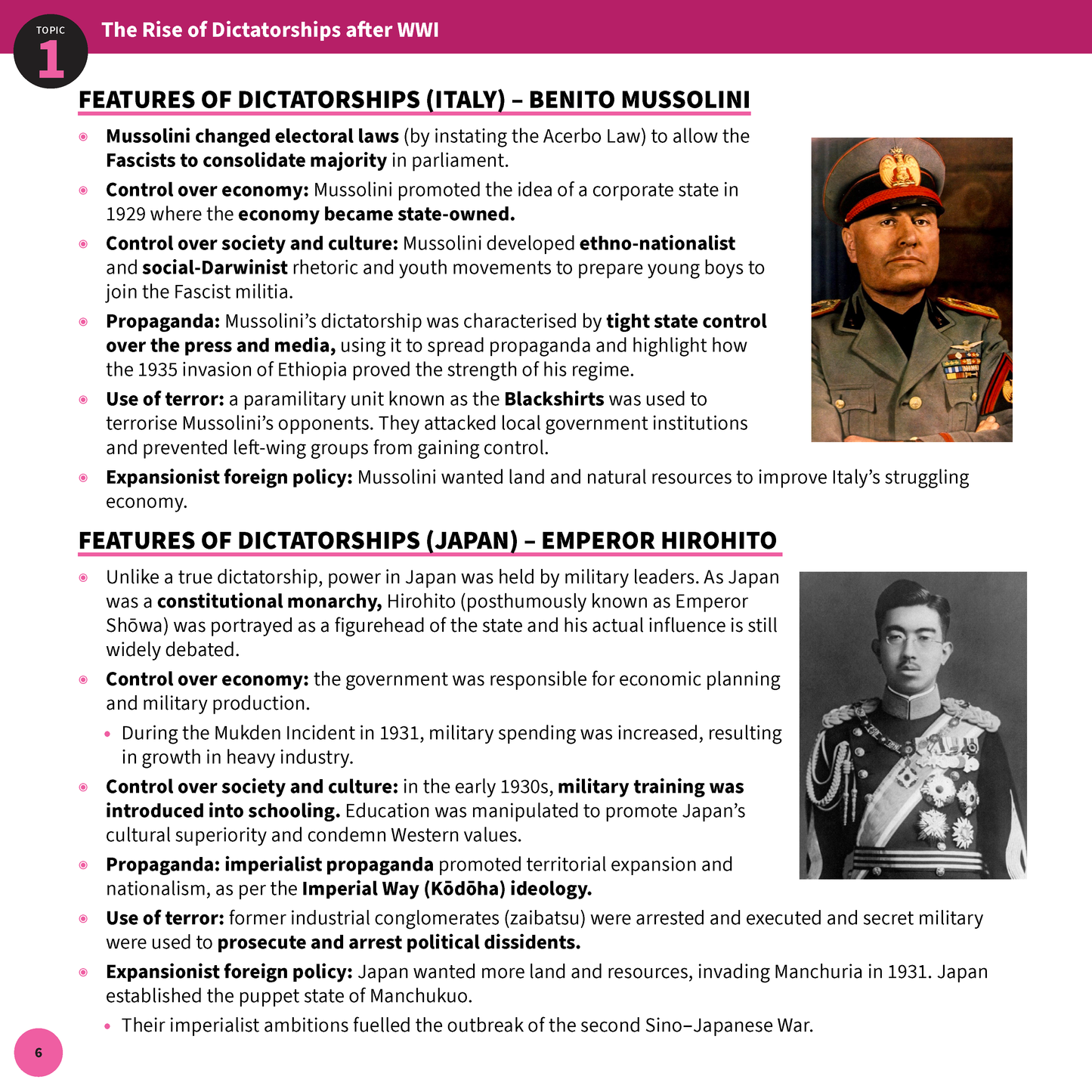 HSC Year 12 Modern History Summary Sheets for 2025-2027 by ATAR Notes, showing text on dictatorships with images of Mussolini and Hirohito.