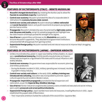HSC Year 12 Modern History Summary Sheets for 2025-2027 by ATAR Notes, showing text on dictatorships with images of Mussolini and Hirohito.