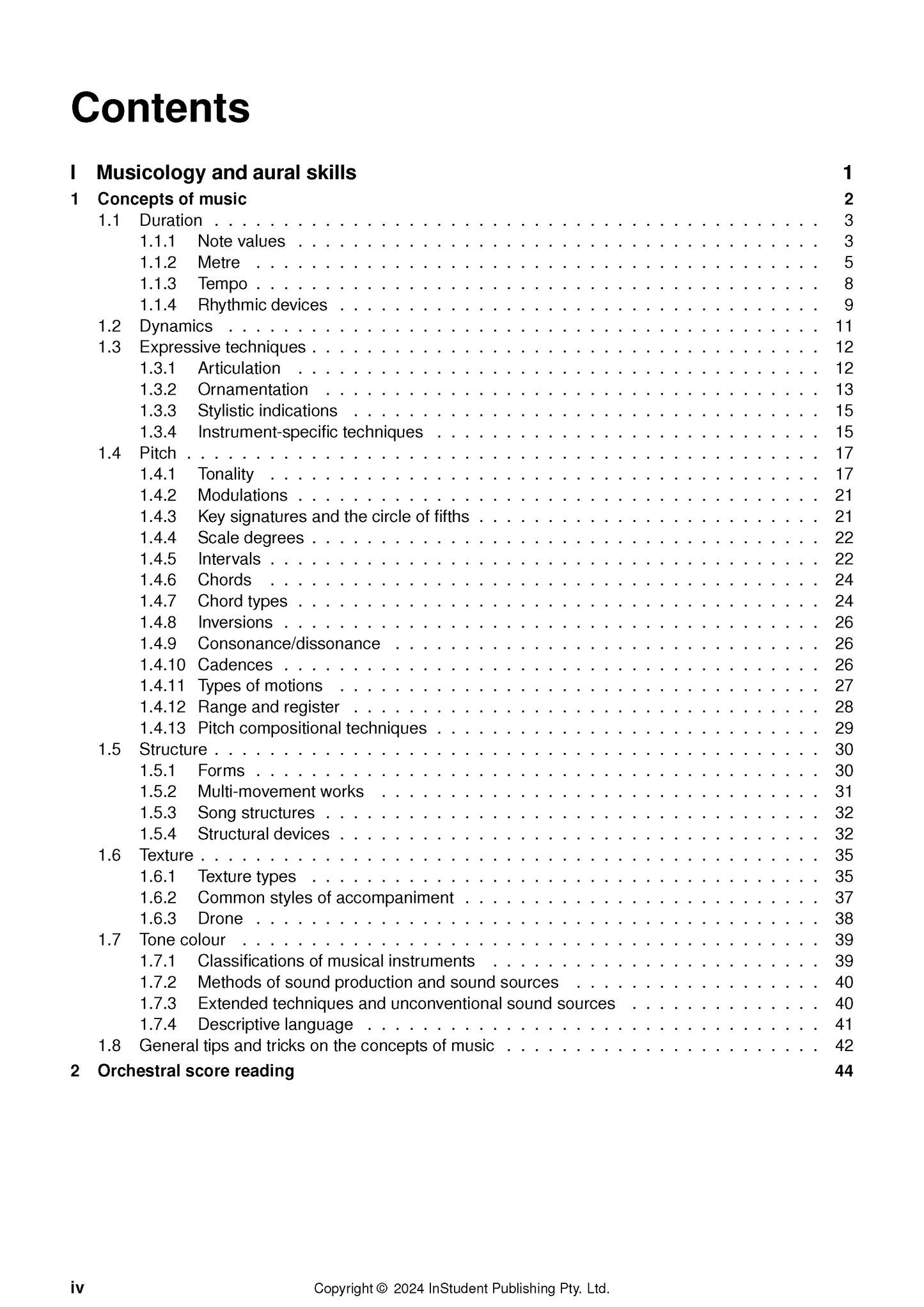 Music Course Notes by ATAR Notes, displaying a detailed table of contents page with numbered sections.