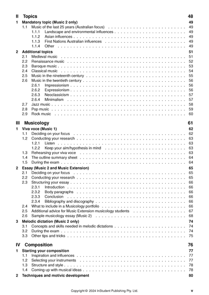 Music course notes by ATAR Notes, displaying a table of contents page with topics and corresponding page numbers.
