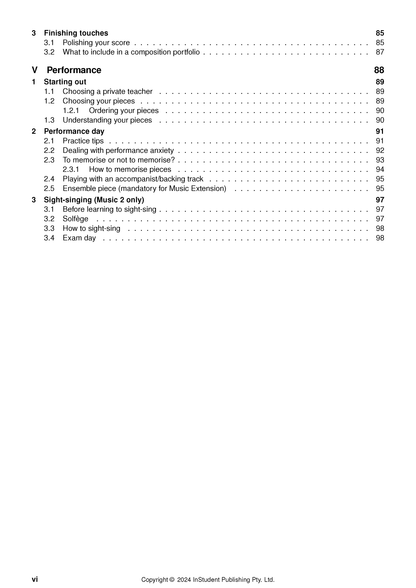 HSC Year 12 Music Course Notes by ATAR Notes, showing a cropped black and white table of contents page with chapters like 'Performance' and 'Sight-singing'.