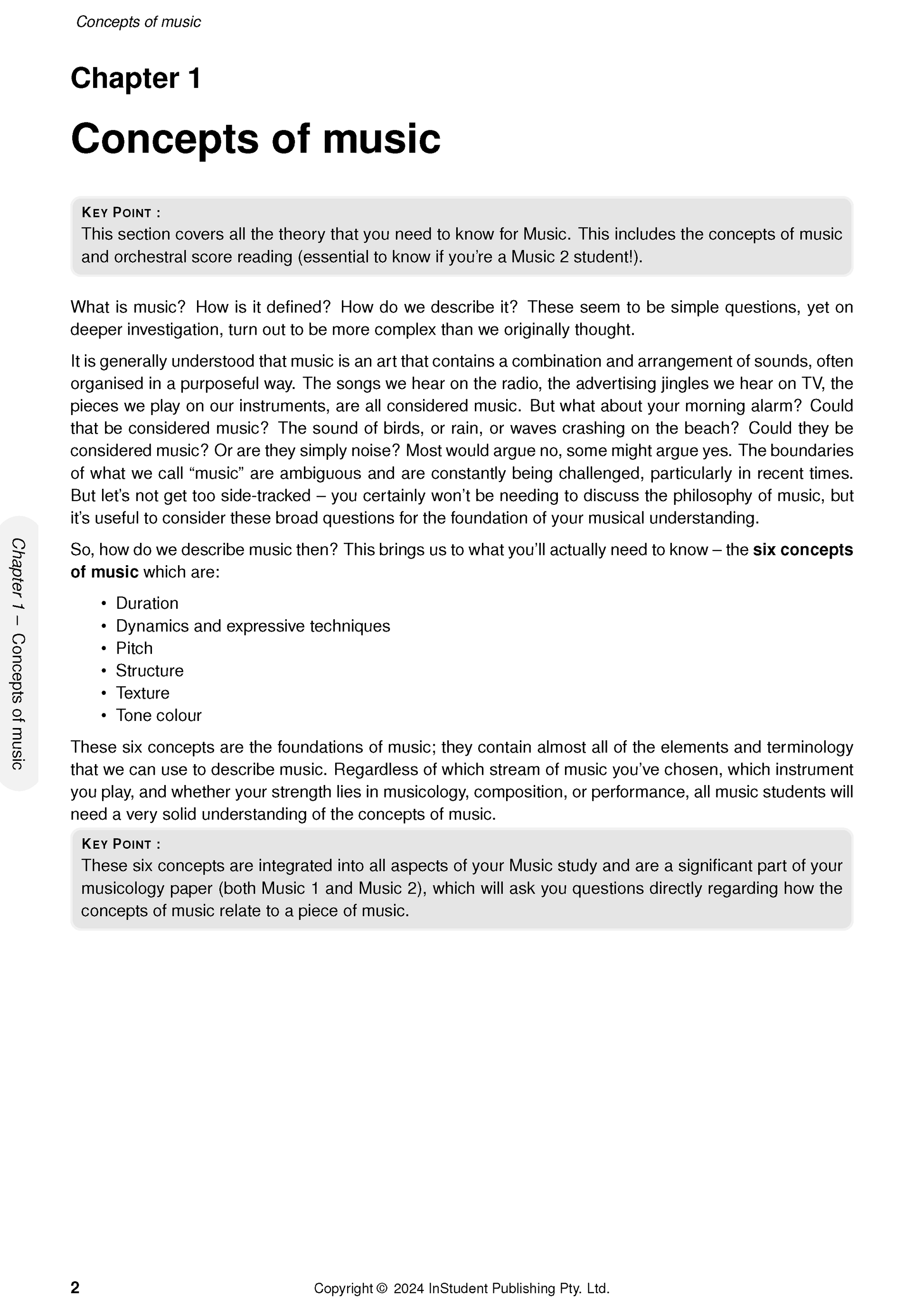 Music Course Notes by ATAR Notes, showing Chapter 1 page titled 'Concepts of music' with text and two key points.