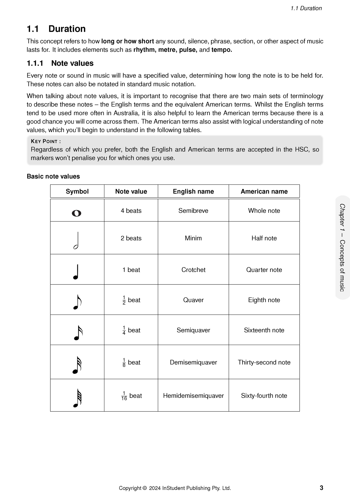 Music Course Notes by ATAR Notes, displaying a page with text and a table on music note values.