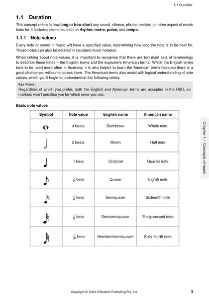 Music Course Notes by ATAR Notes, displaying a page with text and a table on music note values.