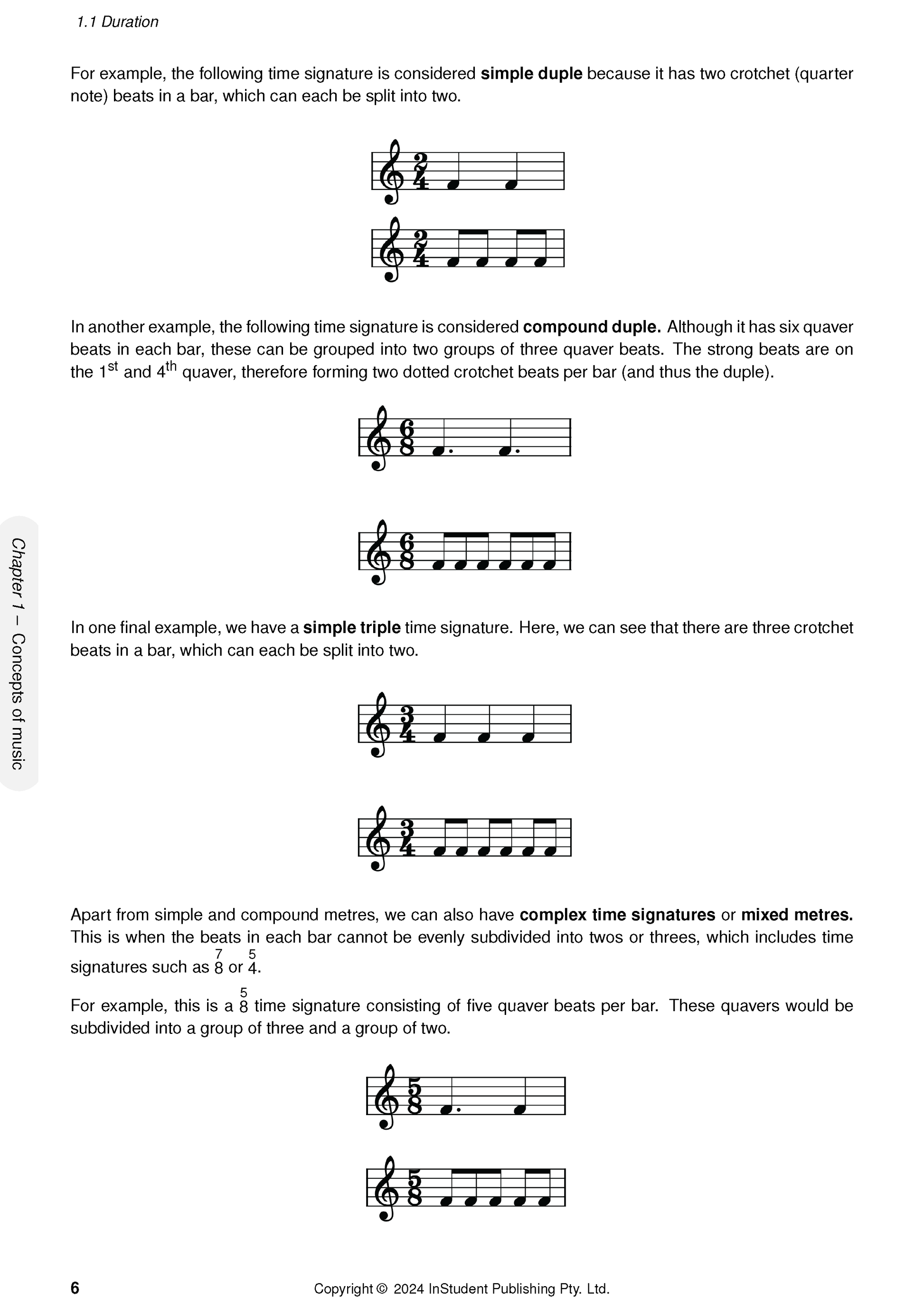 Music course notes page by ATAR Notes, displaying musical staves with various time signatures and related explanations.