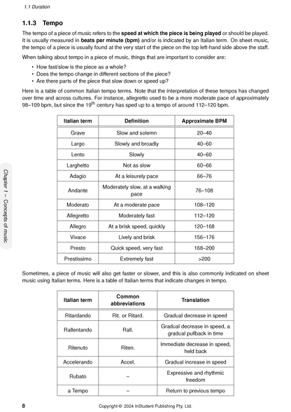 HSC Year 12 Music Course Notes by ATAR Notes, displaying a page with tempo definitions and Italian terms.