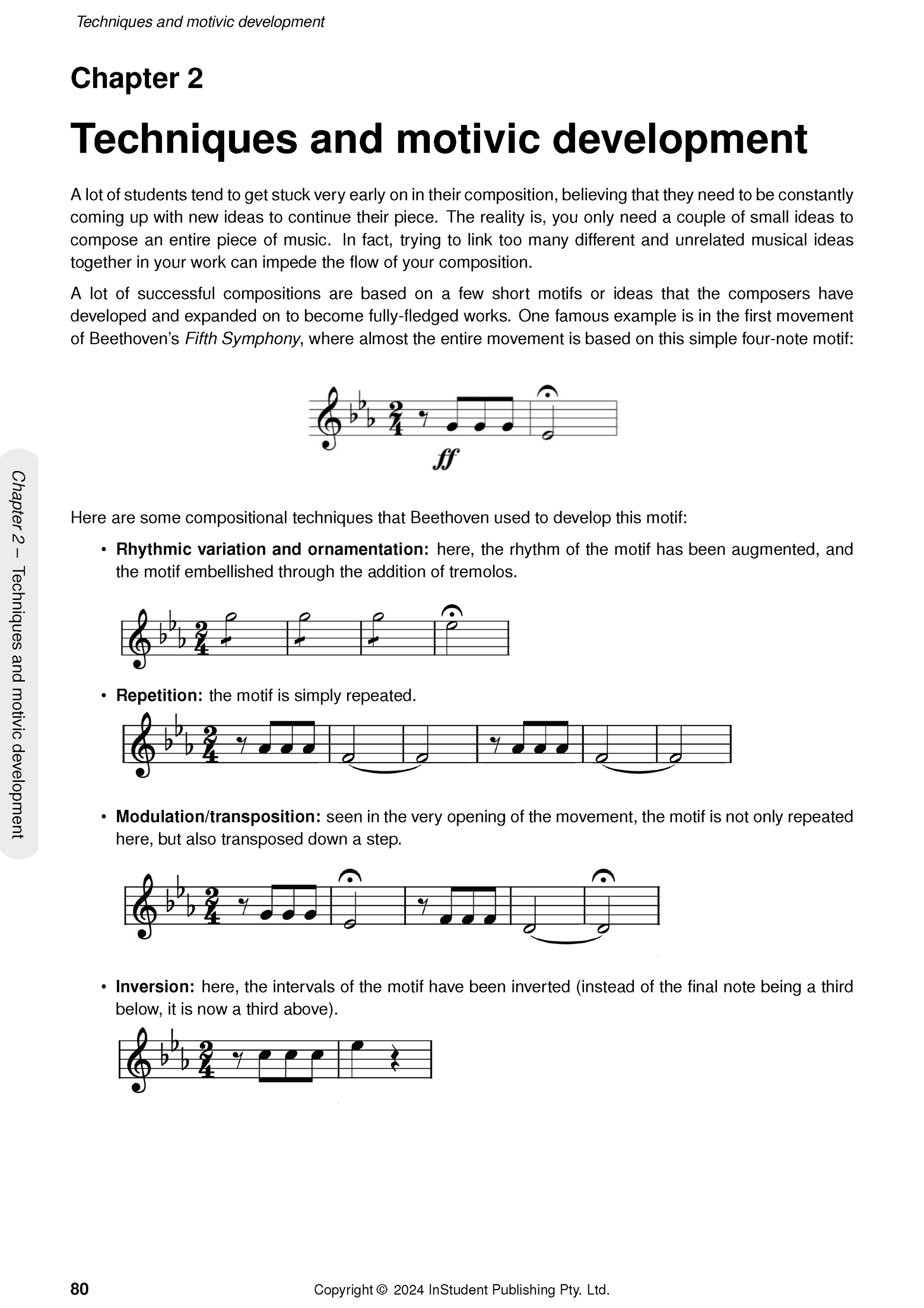 Music Course Notes by ATAR Notes, a page showing music notation examples and explanations of techniques like rhythmic variation and inversion.