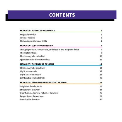 Physics Summary Sheets by ATAR Notes, displaying a table of contents with modules like Advanced Mechanics and page numbers.