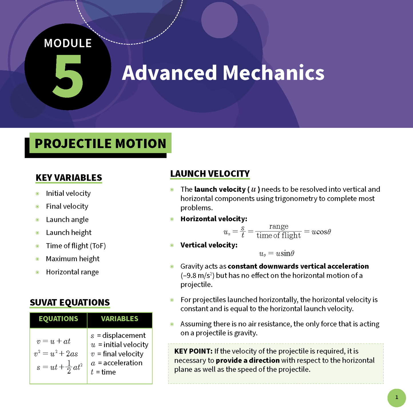 HSC Year 12 Physics summary sheet for Module 5 Advanced Mechanics by ATAR Notes, with green and black text outlining key concepts.