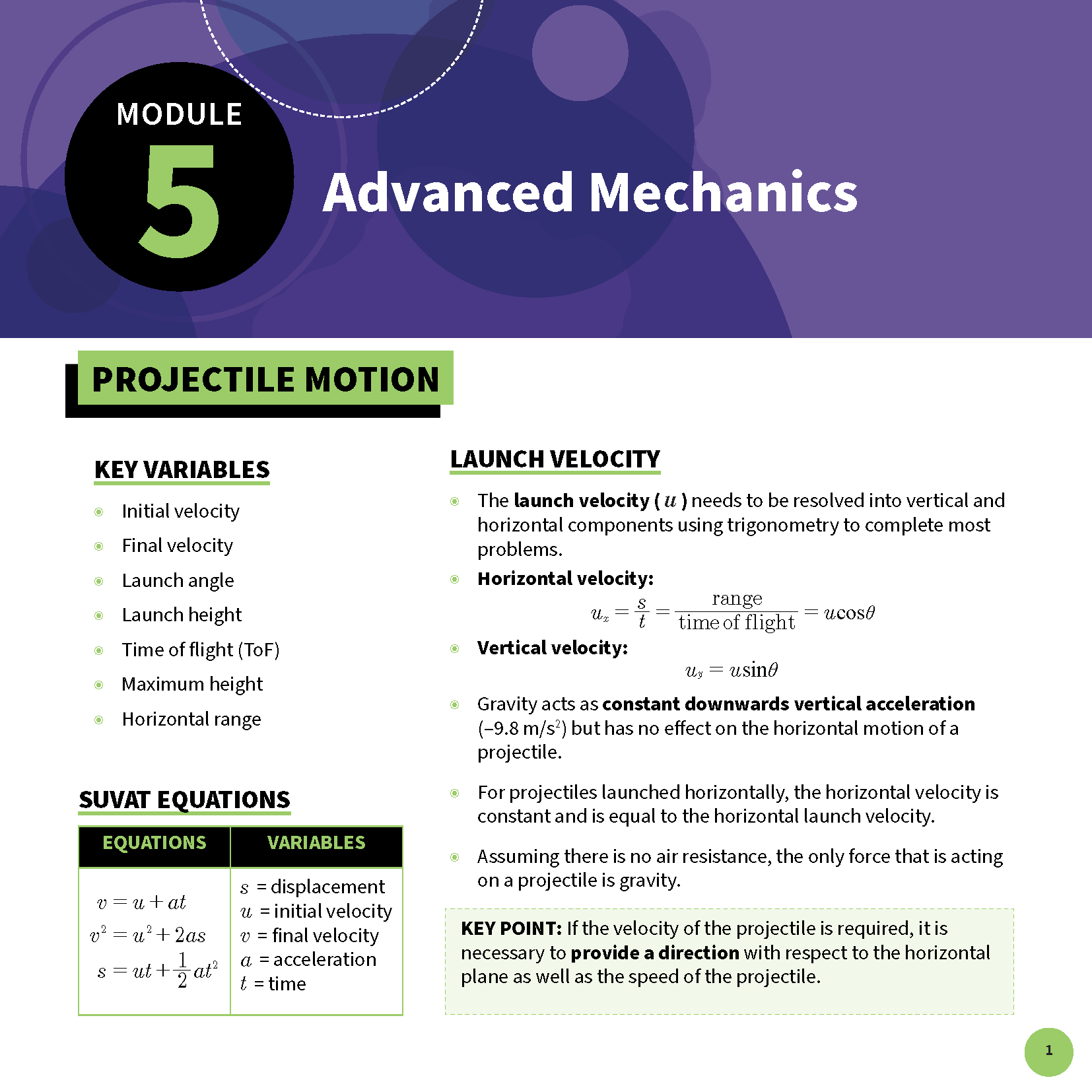 HSC Year 12 Physics summary sheet for Module 5 Advanced Mechanics by ATAR Notes, with green and black text outlining key concepts.