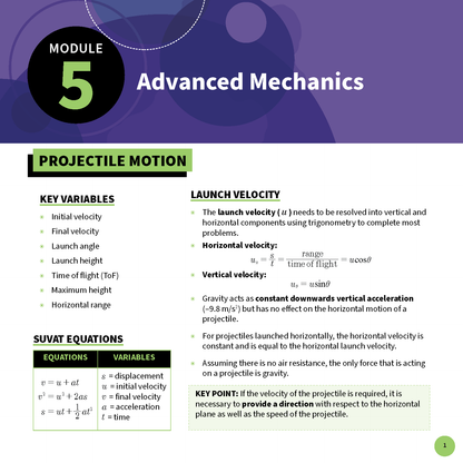 HSC Year 12 Physics summary sheet for Module 5 Advanced Mechanics by ATAR Notes, with green and black text outlining key concepts.