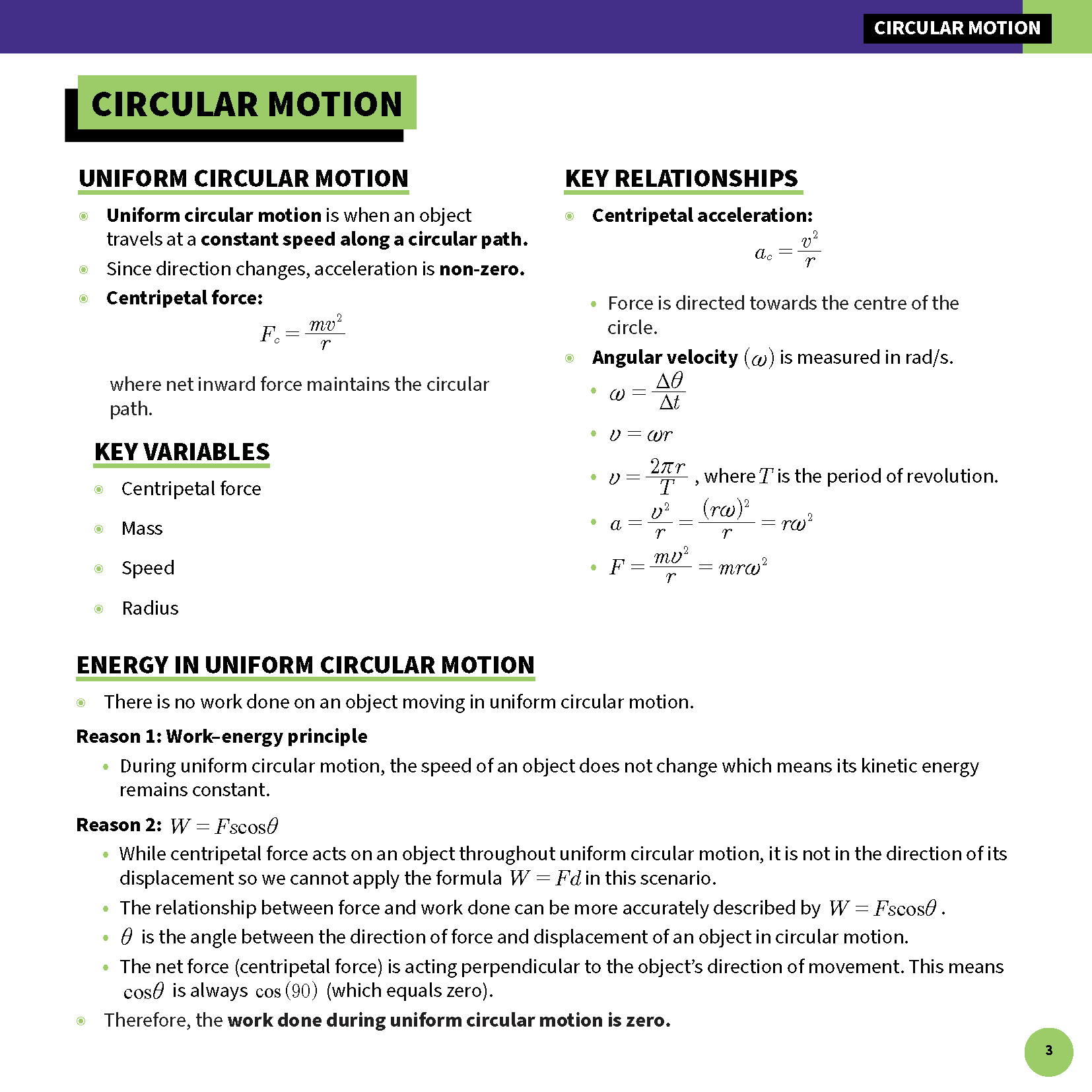 Physics summary sheet by ATAR Notes, displaying uniform circular motion concepts, formulas, and green and purple headings.