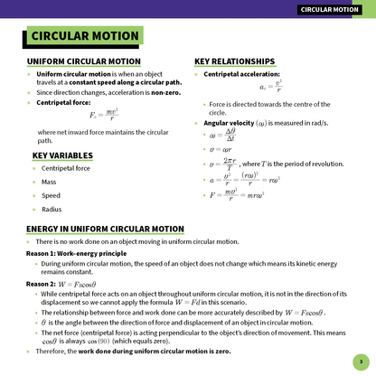Physics summary sheet by ATAR Notes, displaying uniform circular motion concepts, formulas, and green and purple headings.