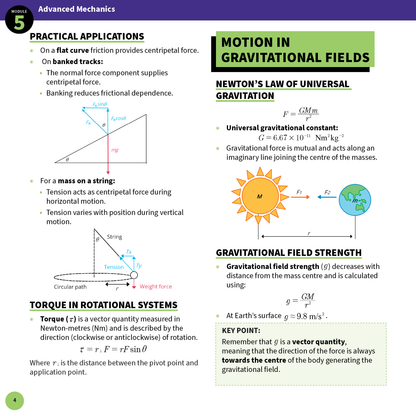 HSC Year 12 Physics summary sheet for 2025-2027 by ATAR Notes, displaying advanced mechanics topics with diagrams and formulas.