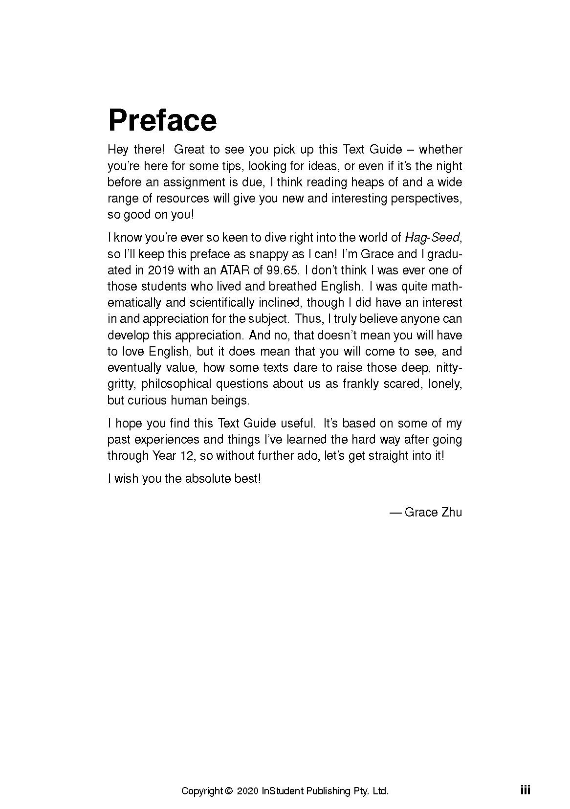 Text Guide page for *Hag-Seed* displaying a 'Preface' section with black text and '— Grace Zhu' signature.