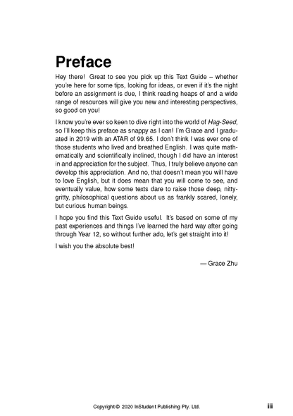 Text Guide page for *Hag-Seed* displaying a 'Preface' section with black text and '— Grace Zhu' signature.