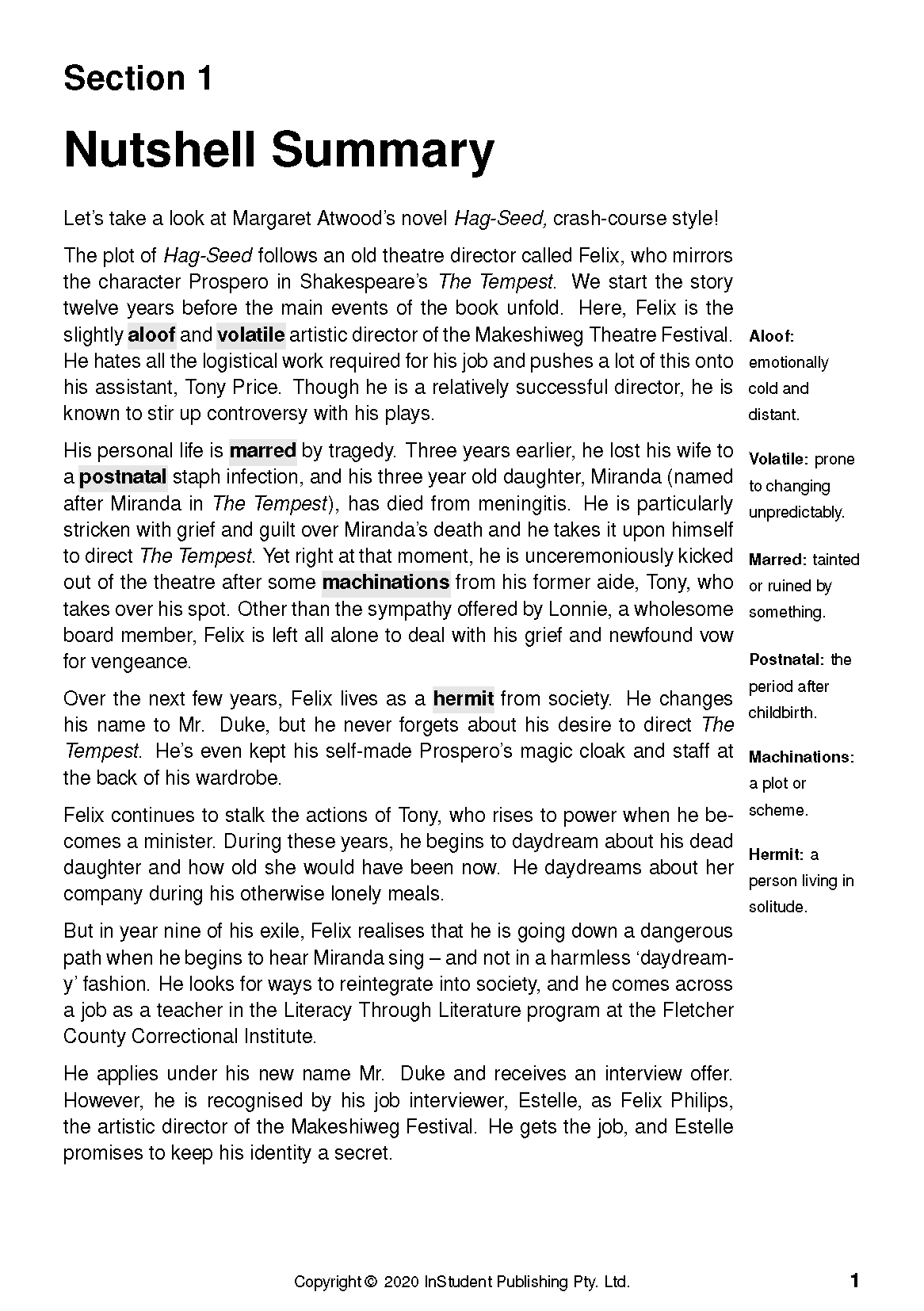 Text guide by Margaret Atwood, a white page with black text showing a Nutshell Summary for Section 1 with highlighted terms and sidebar definitions.