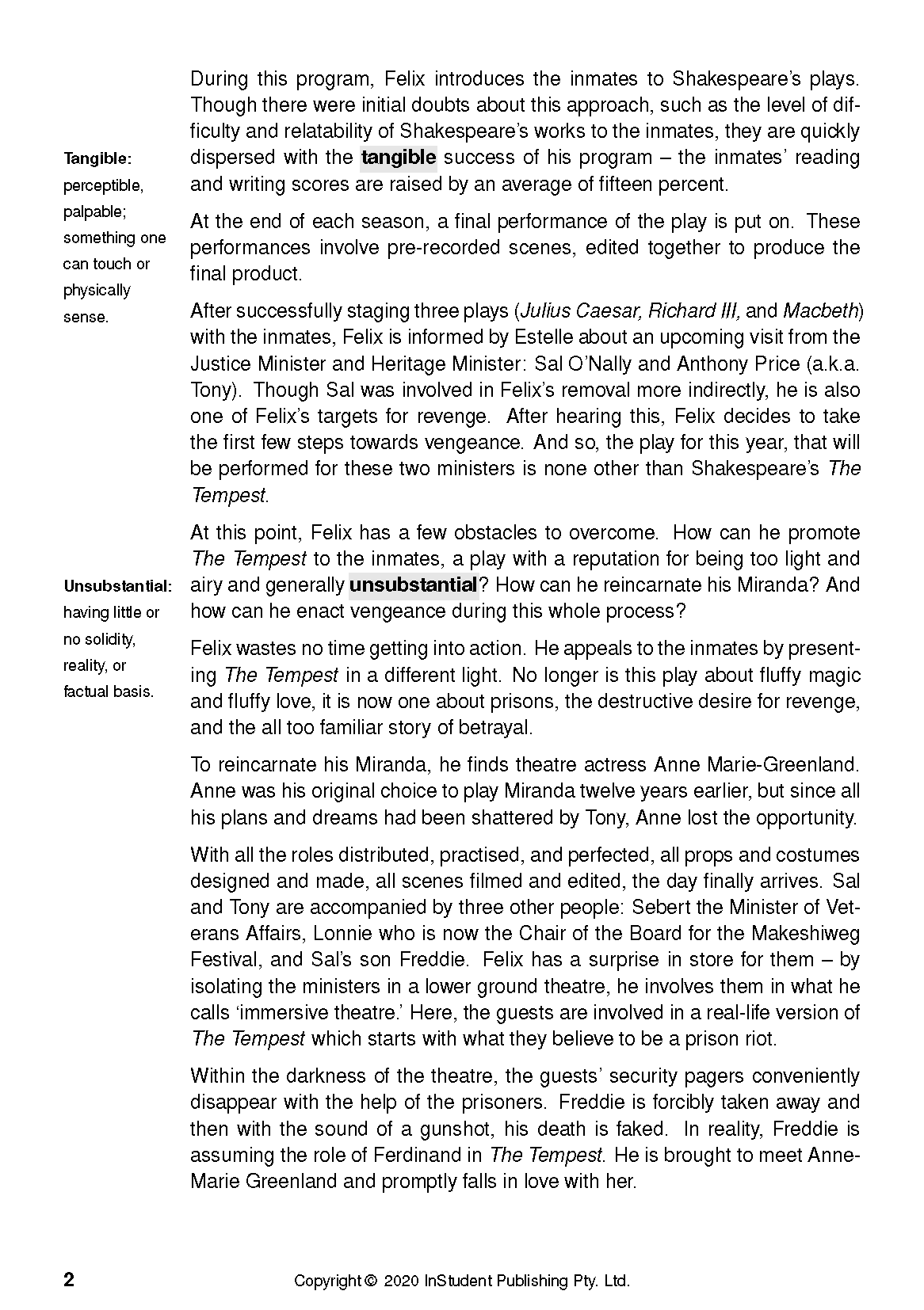 Text Guide for Hag-Seed by Margaret Atwood from InStudent Publishing Pty. Ltd., an inner page showing literary definitions and plot analysis.