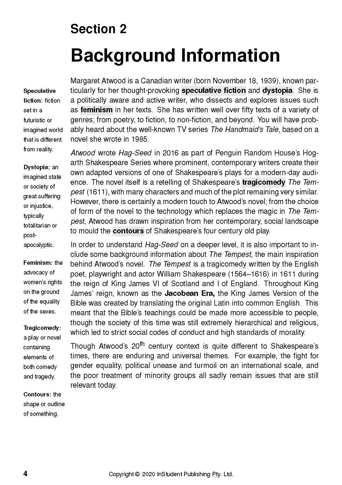 Hag-Seed text guide by Margaret Atwood showing 'Section 2 Background Information' and definitions on a white page.