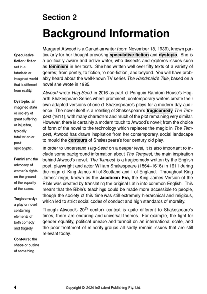 Hag-Seed text guide by Margaret Atwood showing 'Section 2 Background Information' and definitions on a white page.