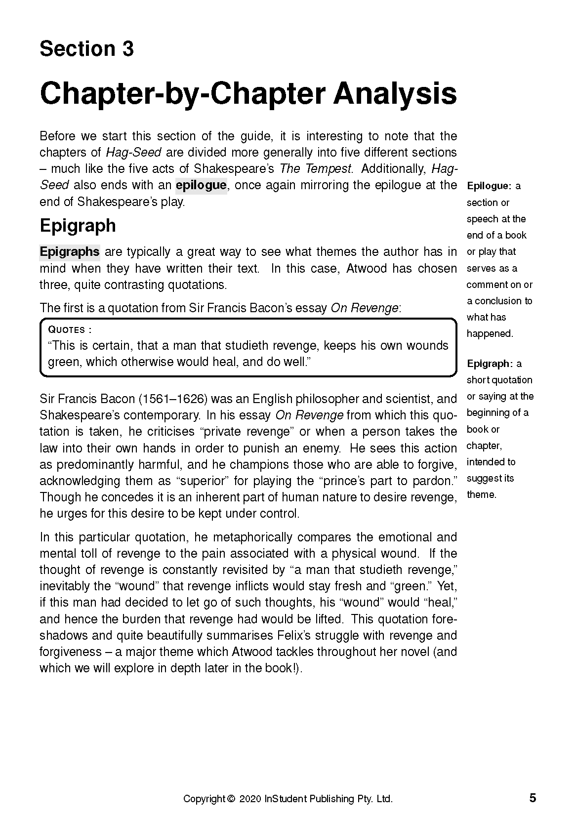 White text guide page displaying 'Section 3 Chapter-by-Chapter Analysis', with paragraphs, a quote box, and side definitions.