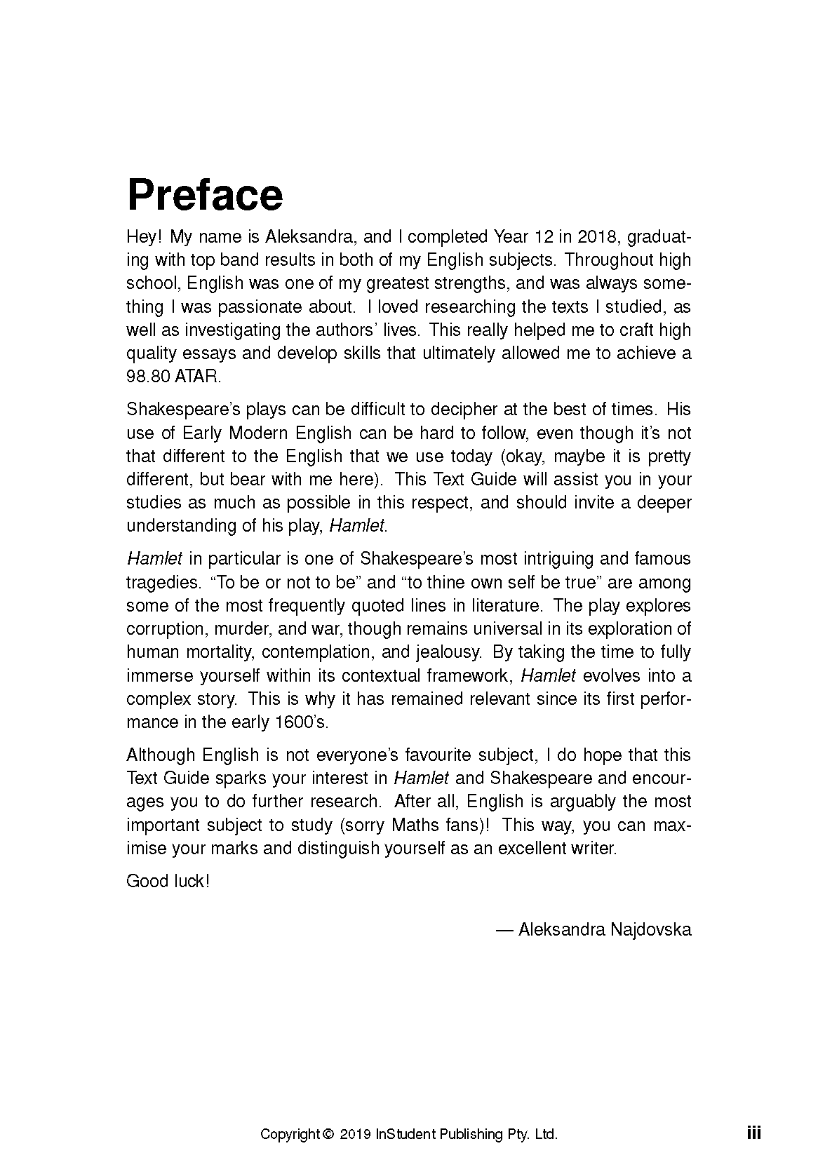 Text Guide for Hamlet page with a bold "Preface" title, multiple paragraphs of text, and an author's signature.