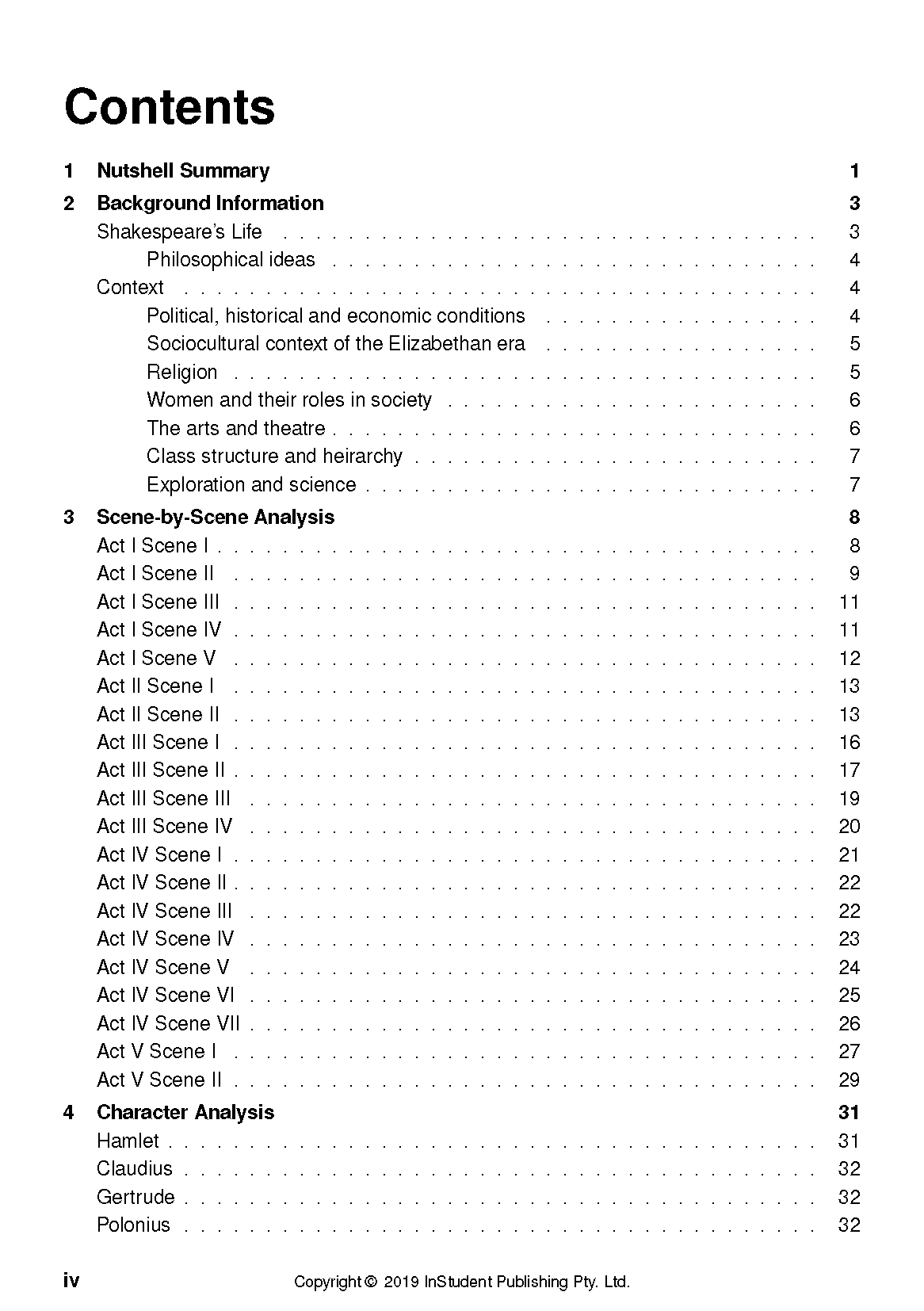 Text guide for Hamlet featuring a table of contents page with numbered sections.