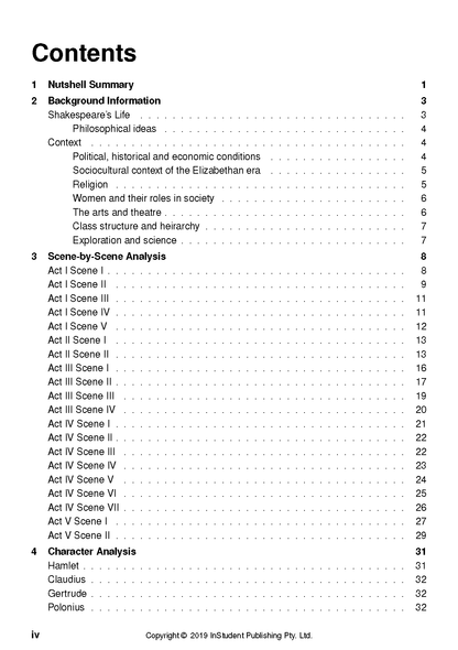 Text guide for Hamlet featuring a table of contents page with numbered sections.
