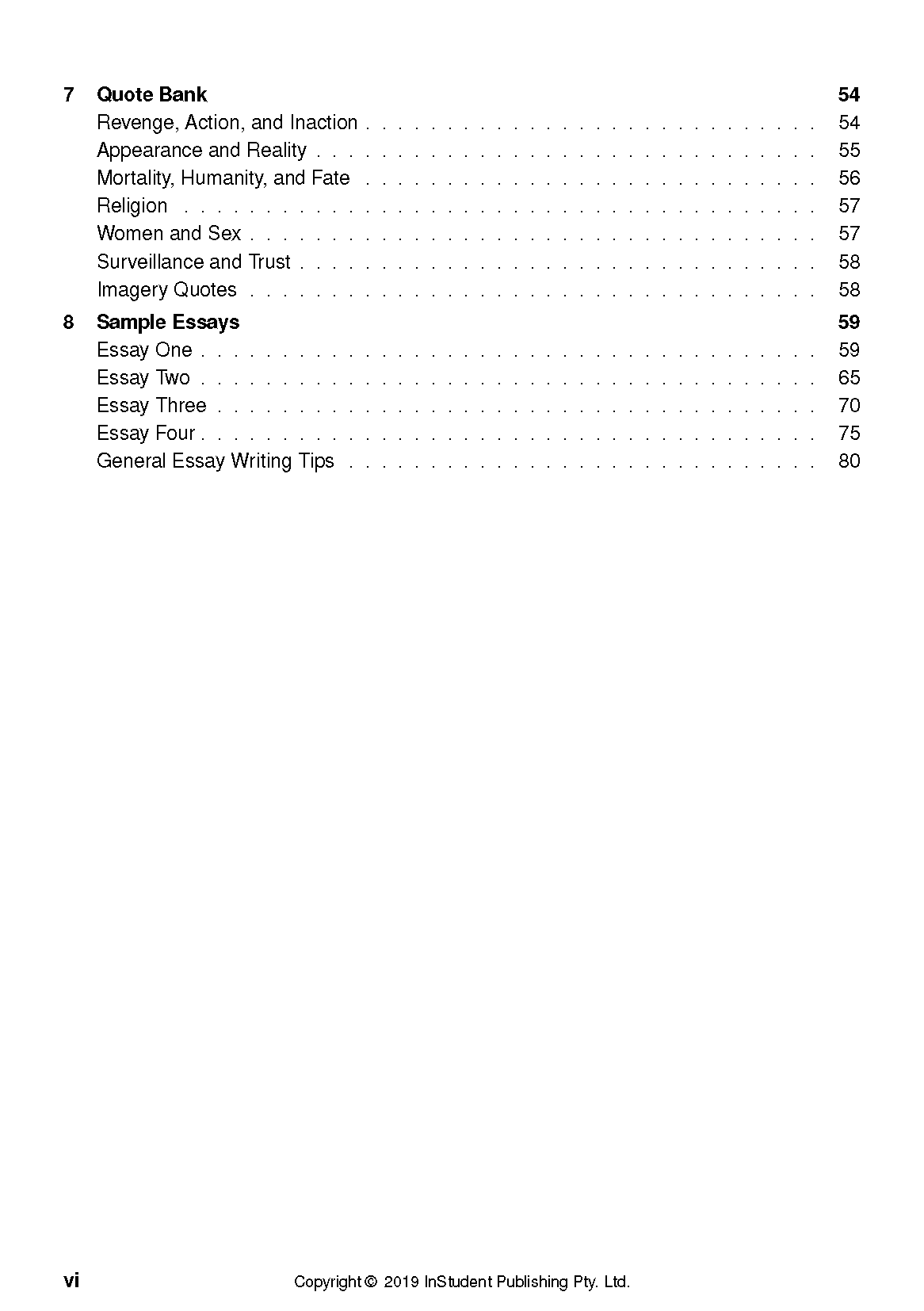 Text guide on Hamlet by William Shakespeare by InStudent Publishing, showing the table of contents.