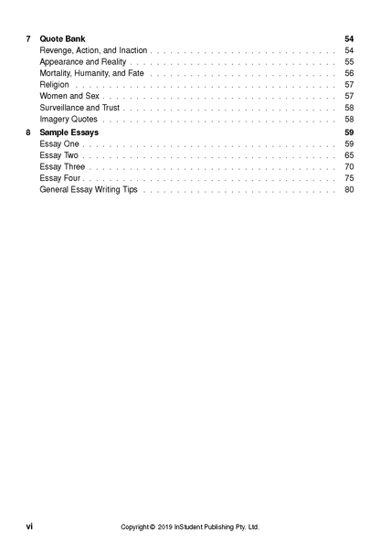 Text guide on Hamlet by William Shakespeare by InStudent Publishing, showing the table of contents.