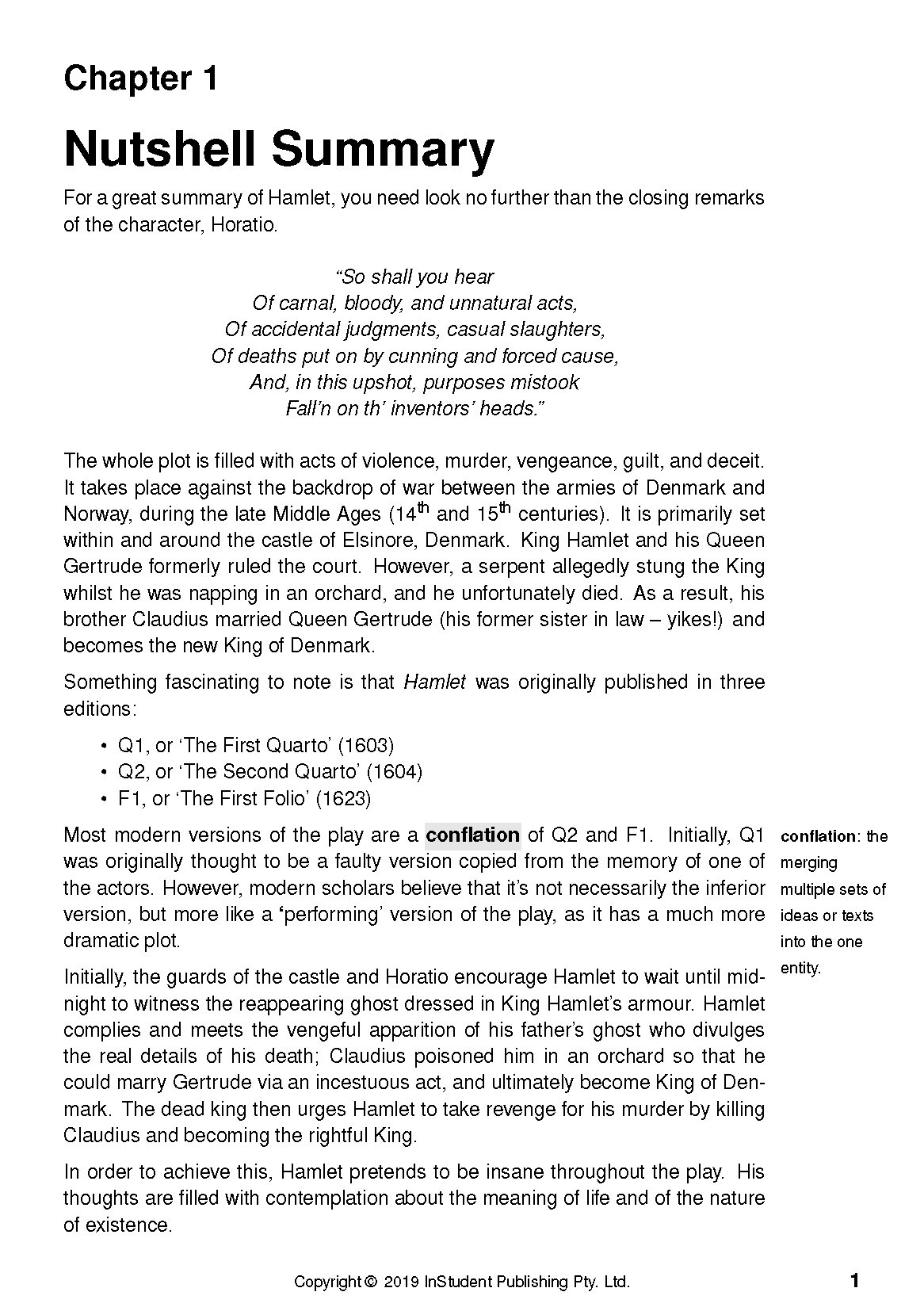 Printed Text Guide page on Hamlet by William Shakespeare, displaying 'Chapter 1 Nutshell Summary' in black text on white, with a quote and a marginal definition.